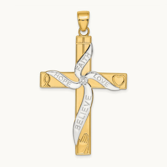 w/Rhodium HOPE FAITH LOVE BELIEVE Cross Pendant, 14K