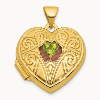 Polished Peridot August Birthstone Heart Locket, 18mm, 14K