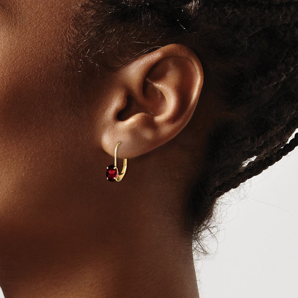 Oval Garnet Leverback Earrings — 16mm, 6x4mm