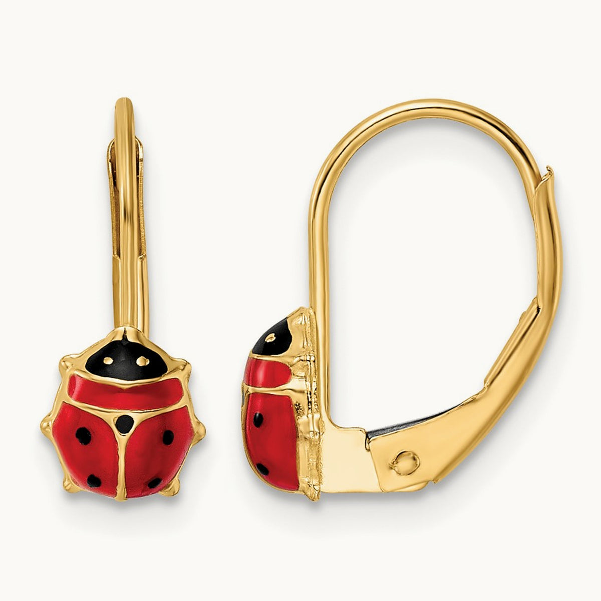Polished Enameled Ladybug Leverback Earrings, 14K