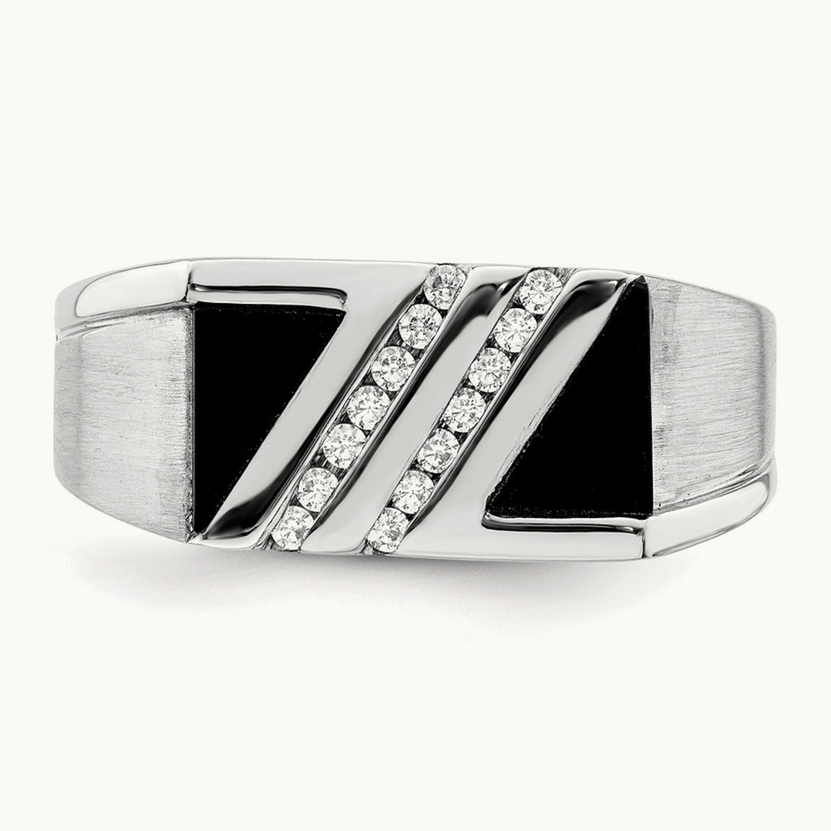 Polished & Satin Onyx & Diamond Mens Ring, 14K White Gold