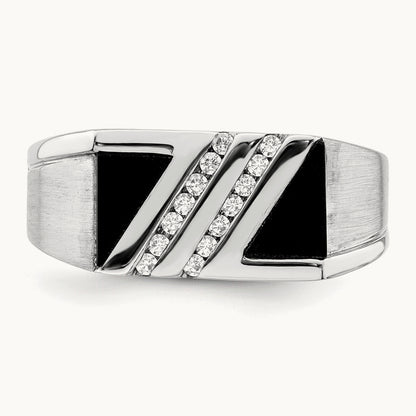 Polished & Satin Onyx & Diamond Mens Ring, 14K White Gold