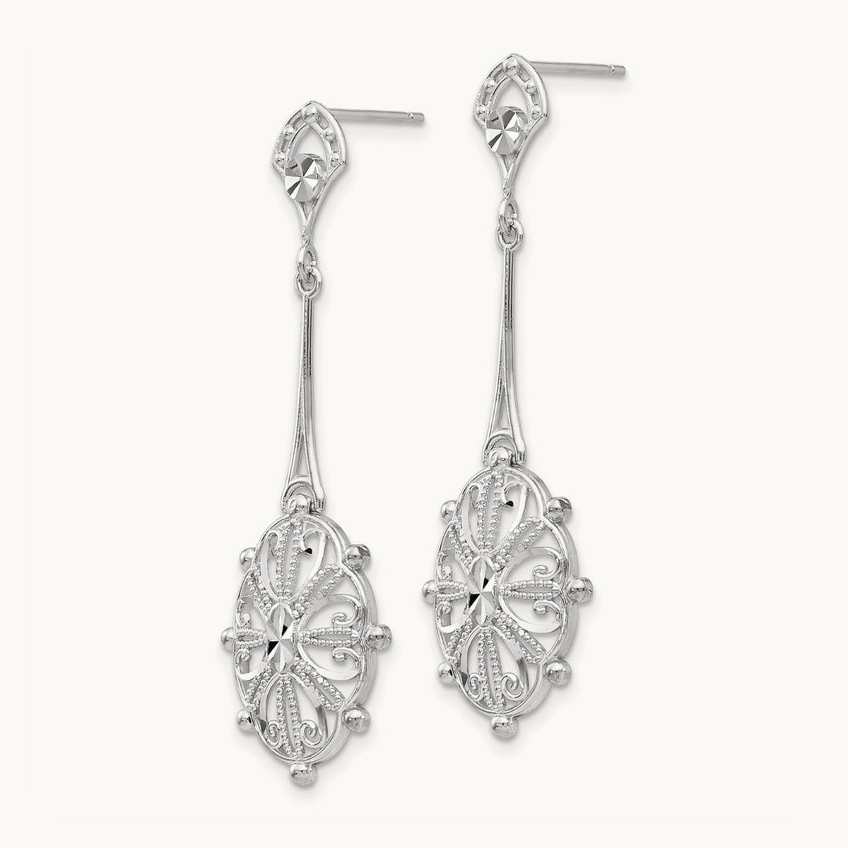 Diamond-cut Filigree Earrings — 14K White Gold