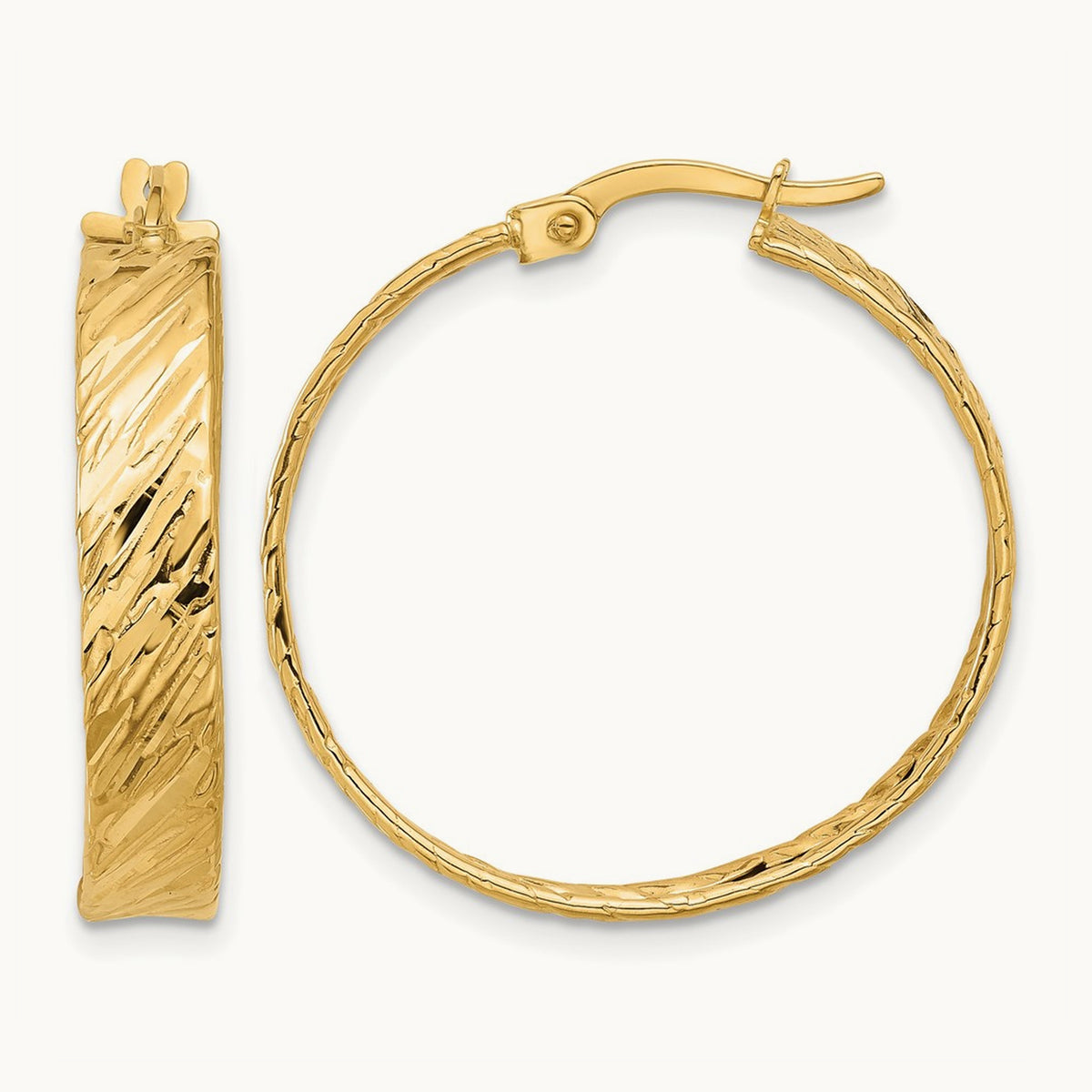 Polished and Textured Round Hoop Earrings, 14K — Leslie's