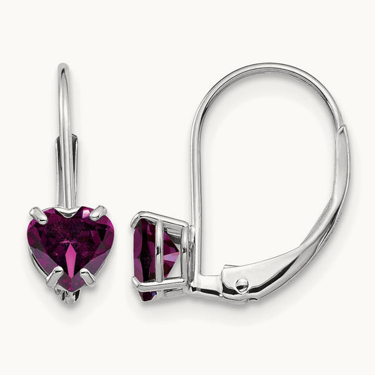Heart Rhodolite Garnet Leverback Earrings, 5mm, 14K White Gold