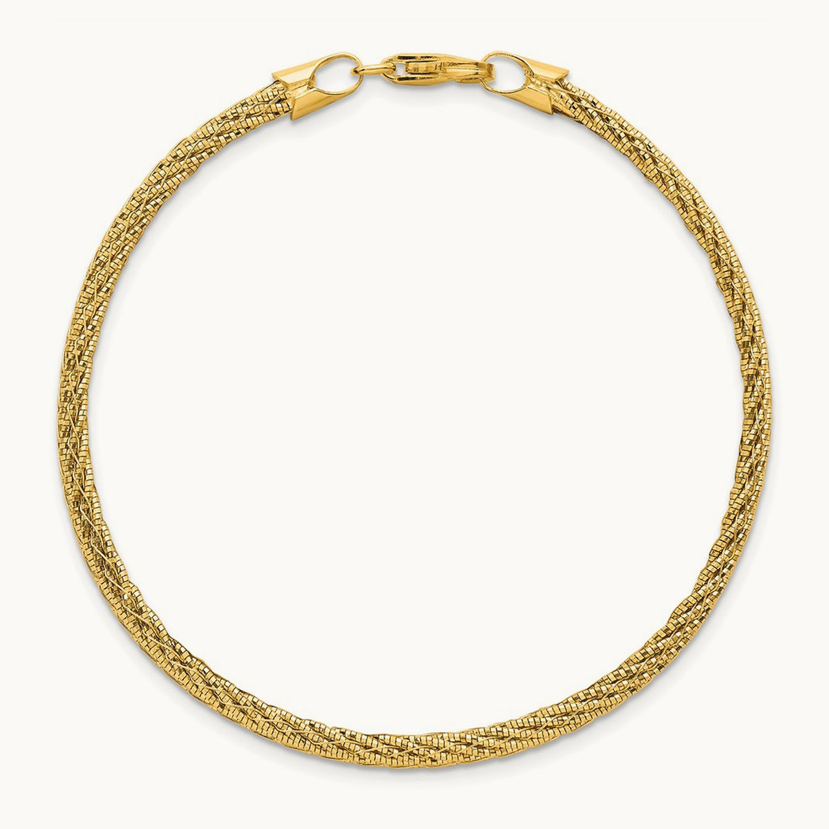 Polished and D/C Round Woven Wire 7.5in Bracelet, 14K