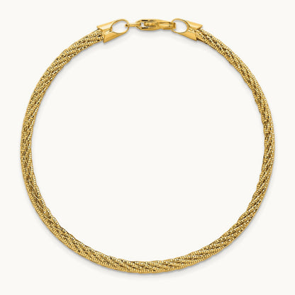 Polished and D/C Round Woven Wire 7.5in Bracelet, 14K