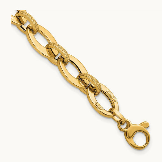 Polished and Textured Greek Key 7.75in Fancy Link Bracelet, 14K