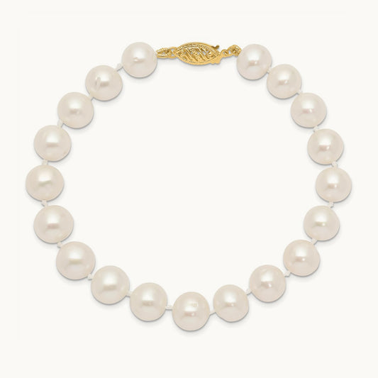9- White Near Round Freshwater Cultured Pearl Bracelet, 14K