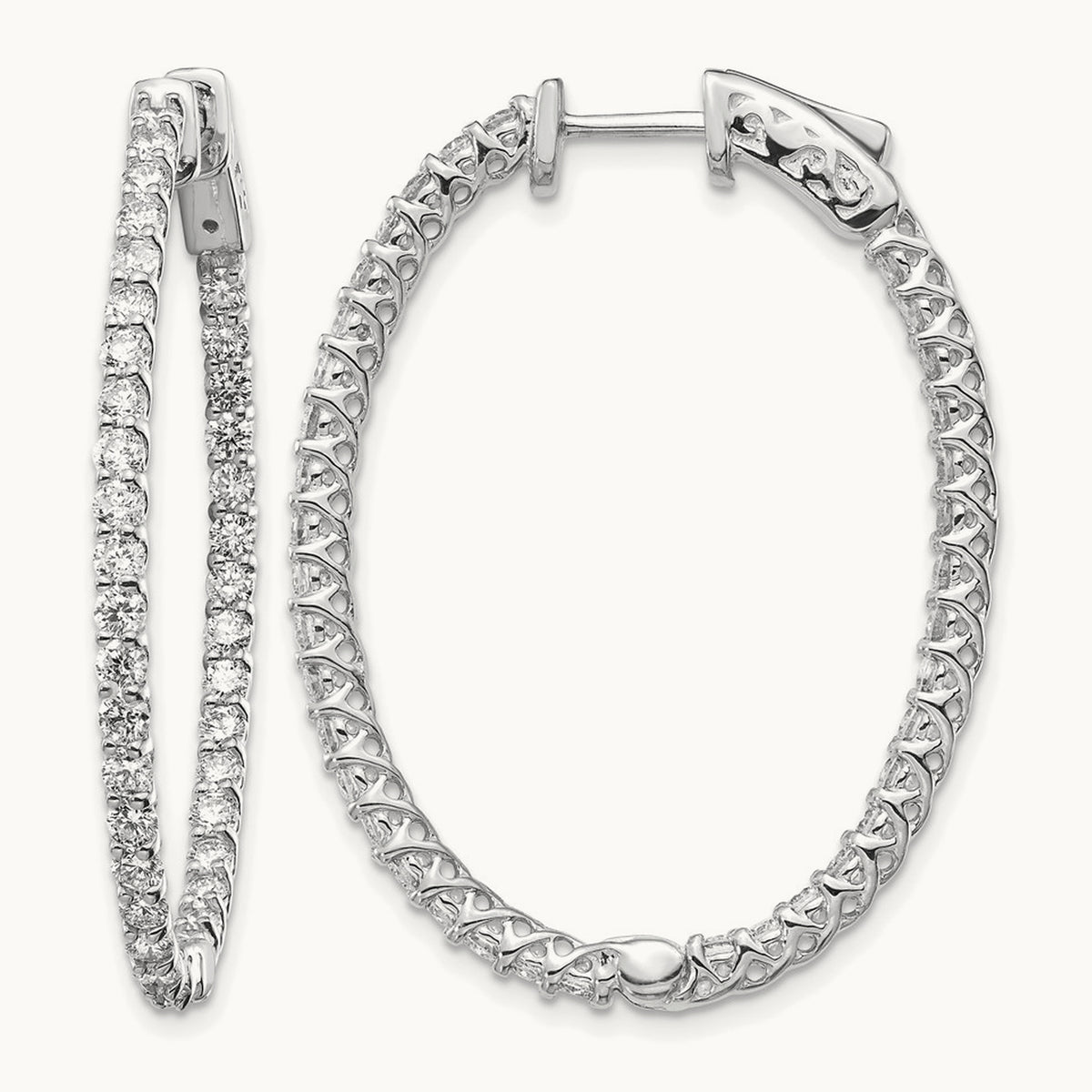 Diamond Oval Hoop w/Safety Clasp Earrings, 14K White Gold