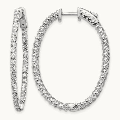 Diamond Oval Hoop w/Safety Clasp Earrings, 14K White Gold