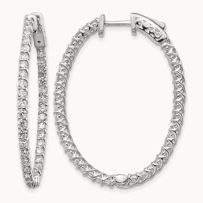 Diamond Oval Hoop w/Safety Clasp Earrings, 14K White Gold