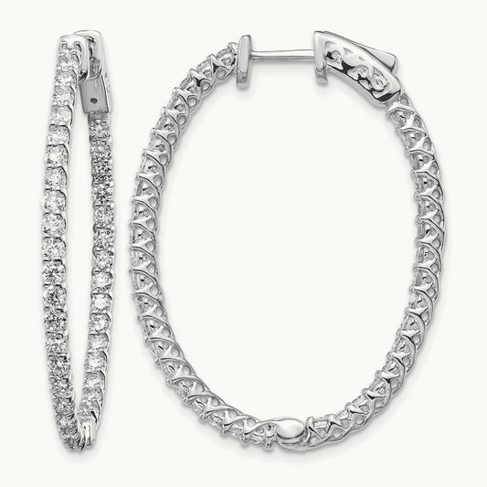 Diamond Oval Hoop w/Safety Clasp Earrings, 14K White Gold