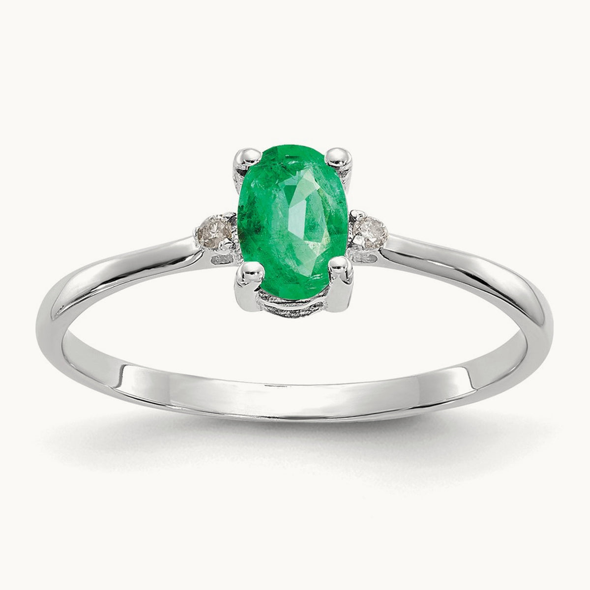 Diamond & Emerald Birthstone Ring — 14K White Gold, 6