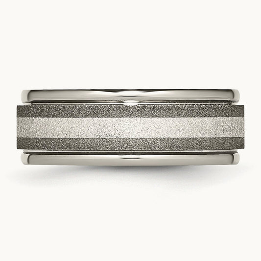 Polished w/Sterling Silver Inlay Stone Finish Center Grooved Band, Titanium