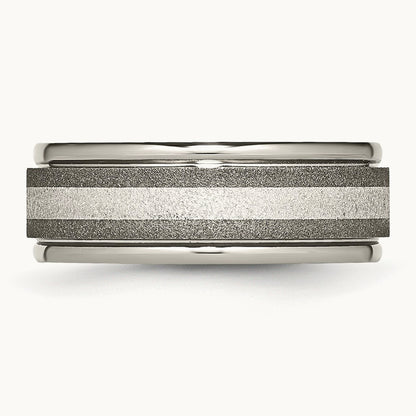 Polished w/Sterling Silver Inlay Stone Finish Center Grooved Band, Titanium