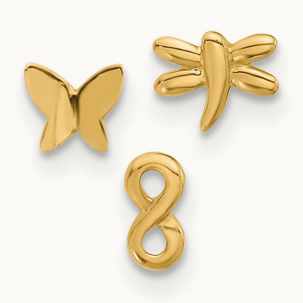 22 Gauge Polished Infinity Symbol, Dragonfly and Butterfly Nose Stud, 14K