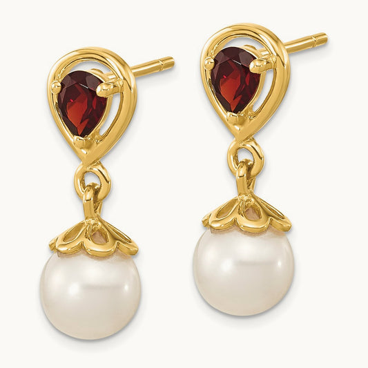 6- FWC Pearl Mozambique Garnet Dangle Post Earrings, 7mm, 14K