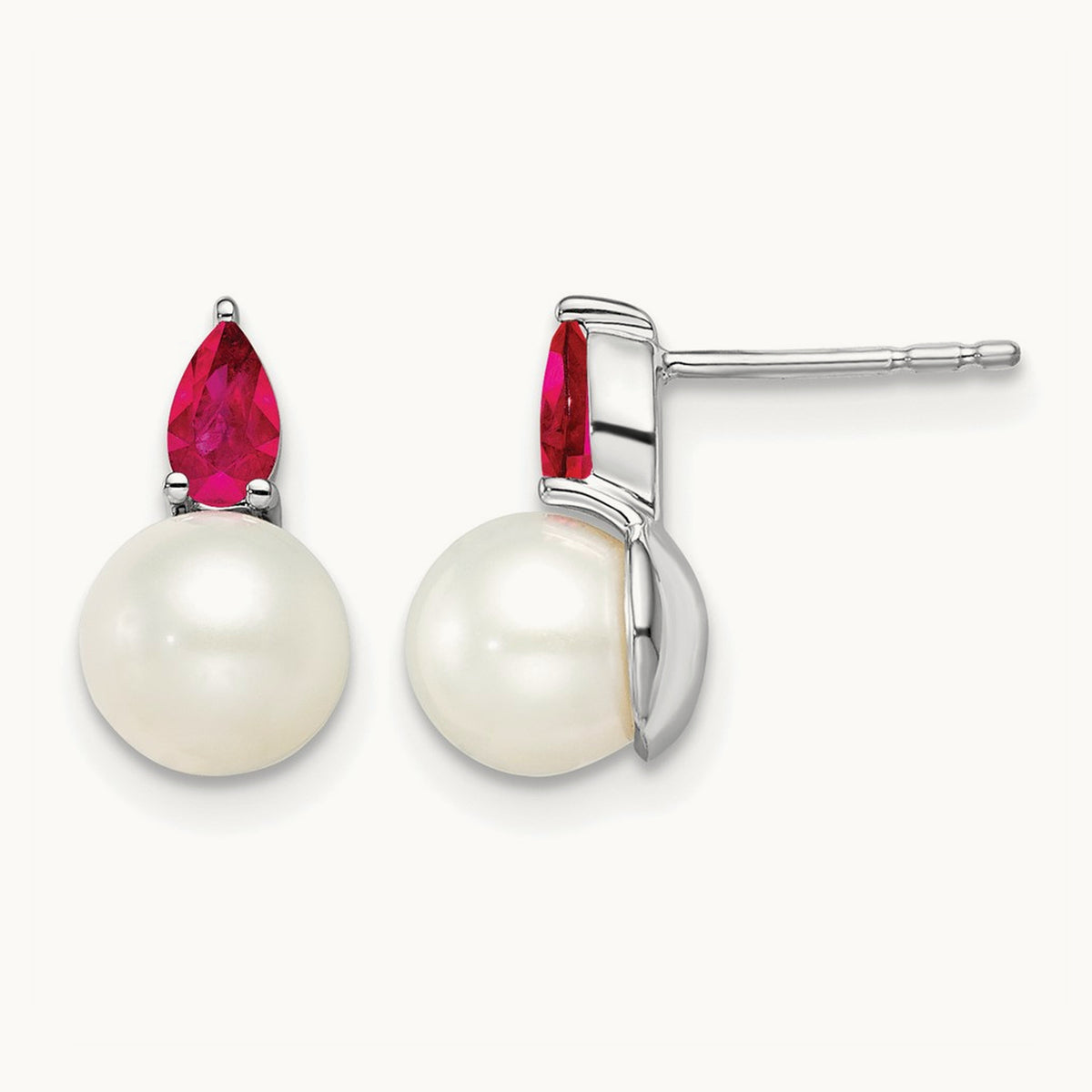 FWC Pearl and Ruby Post Earrings, 14K White Gold
