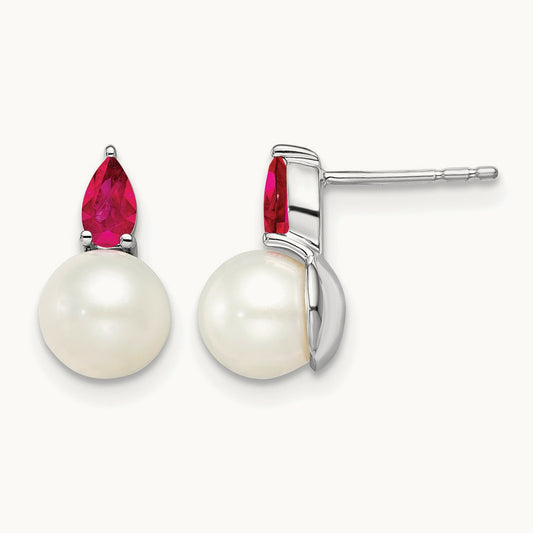FWC Pearl and Ruby Post Earrings, 14K White Gold