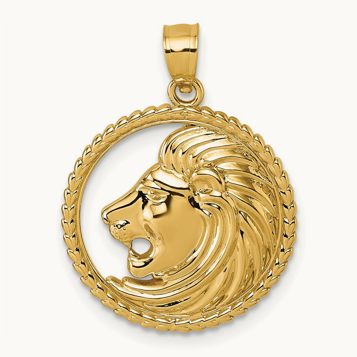 Polished Lion with Mane Circle Pendant, 14K