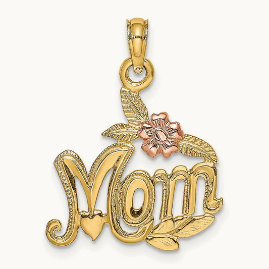 Polished MOM and Flower Pendant, 14K Two-tone