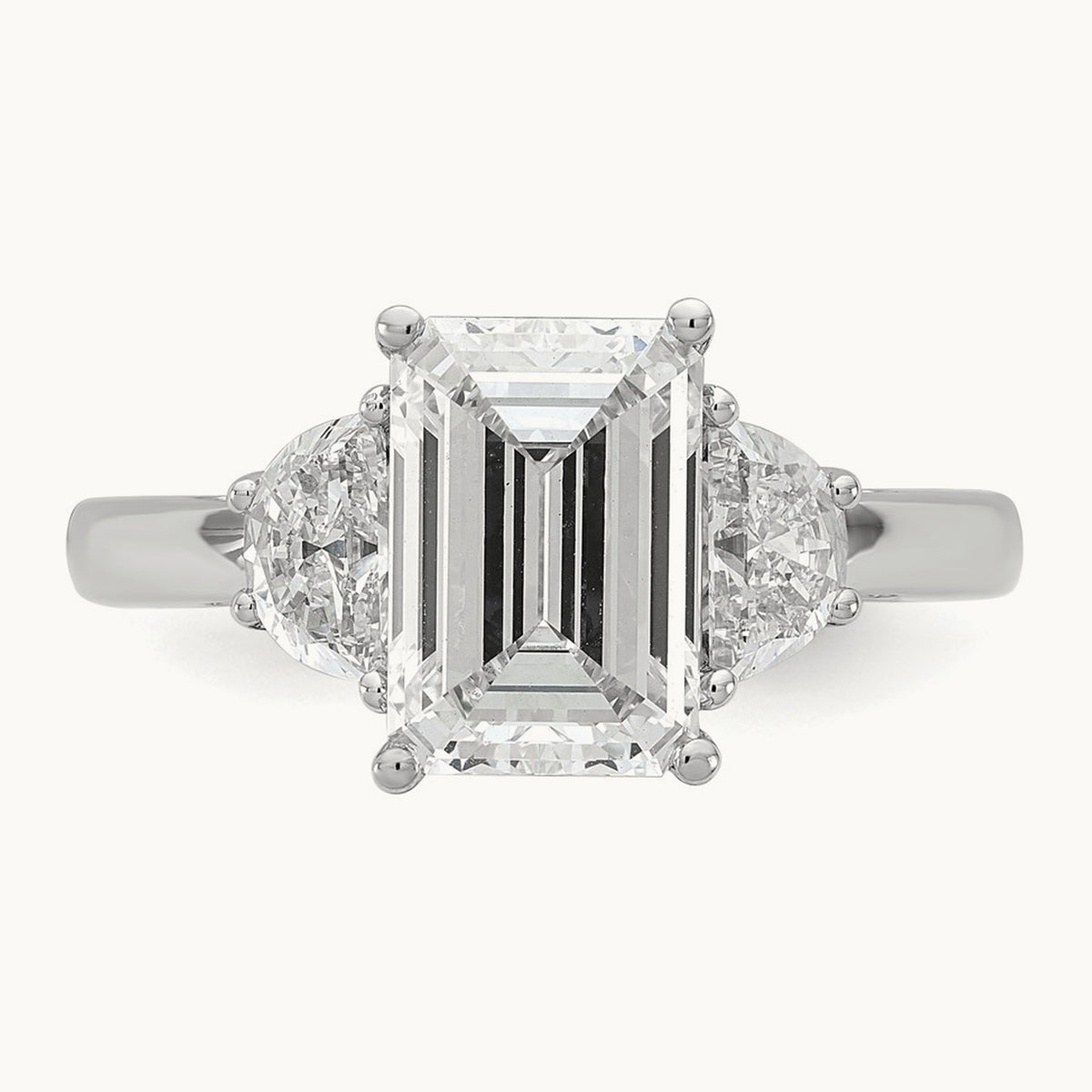 Semi-Mount Emerald & 1/2 Moon 3 Stone Engagement Ring, 0.25-1.00 ct tw Lab-Grown Diamond — 5/8 ct, 14K White Gold