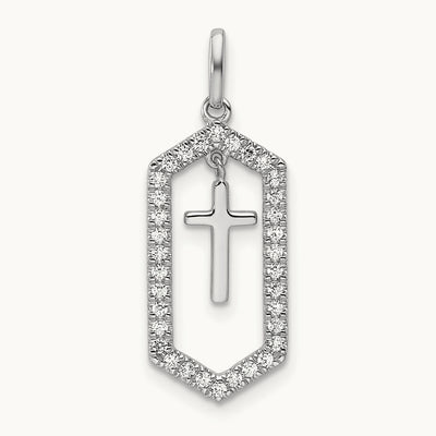 Polished Diamond Framed Dangle Cross Pendant, 14K White Gold