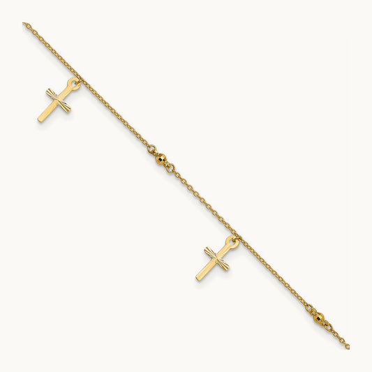 Polished and Diamond-cut Cross 9in Plus 1in extension Anklet — 14K Yellow Gold