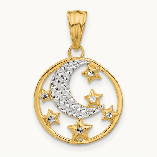D/C Moon and Stars Pendant, 14K with White Rhodium