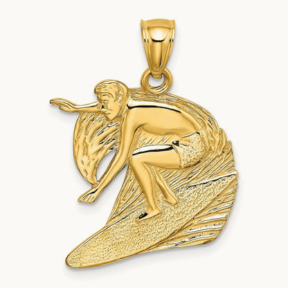 Polished and Textured Surfer and Wave Charm, 14K