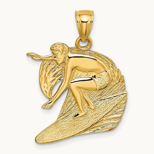 Polished and Textured Surfer and Wave Charm, 14K