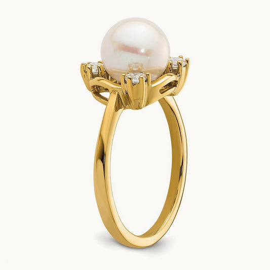 8.00 Mm Freshwater Cultured Pearl Ring, 0.20 ct tw Lab-Grown Diamond