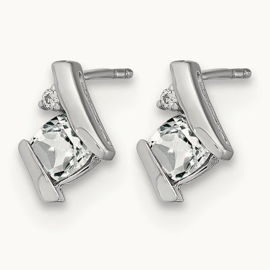 Cushion White Topaz and Diamond Earrings, 14K White Gold