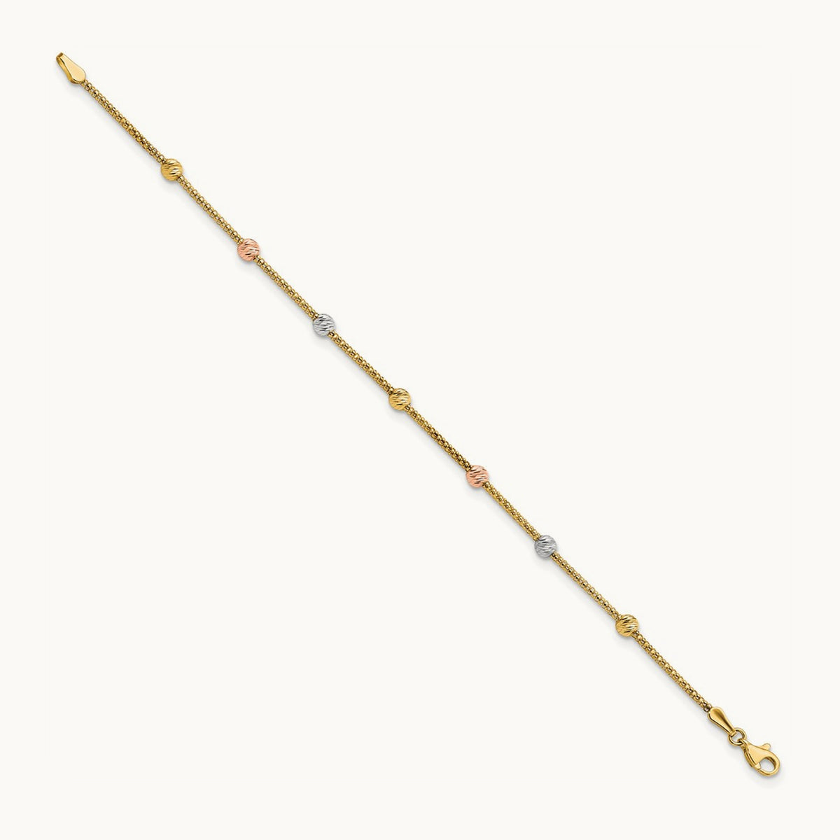 Tri-color Diamond-cut 7-Station Bead and Chain Bracelet, 14K