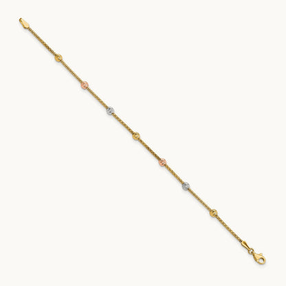 Tri-color Diamond-cut 7-Station Bead and Chain Bracelet, 14K