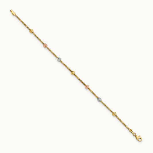 Tri-color Diamond-cut 7-Station Bead and Chain Bracelet, 14K