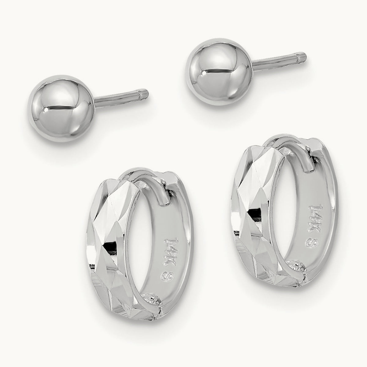 Polished Ball and D/C Hinged Hoop Earring Set, 4mm, 14K White Gold