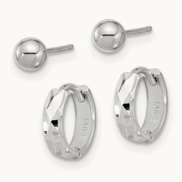 Polished Ball and D/C Hinged Hoop Earring Set, 4mm, 14K White Gold