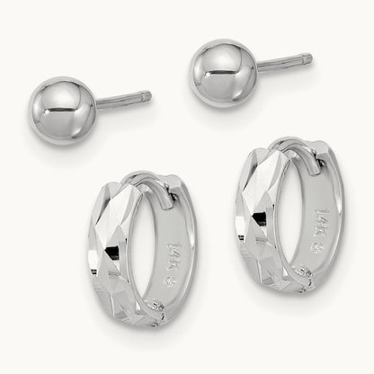 Polished Ball and D/C Hinged Hoop Earring Set, 4mm, 14K White Gold
