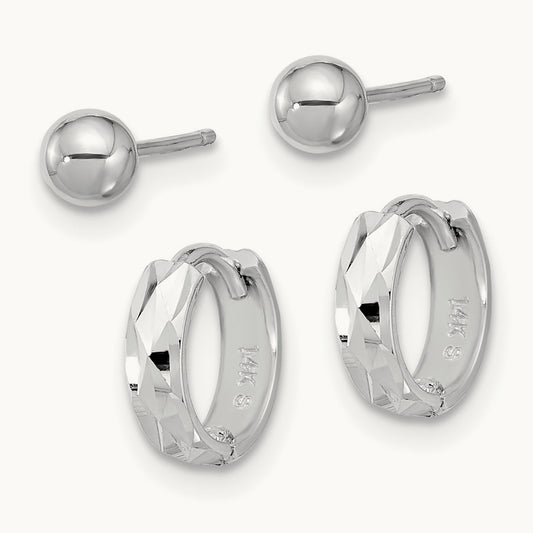 Polished Ball and D/C Hinged Hoop Earring Set, 4mm, 14K White Gold