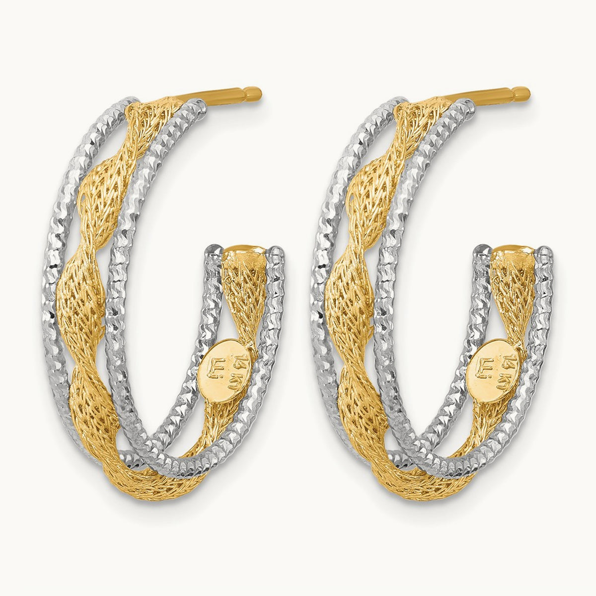 w/Rhodium Polished/Textured/Dia-cut Twist J-Hoop Earrings, 14K — Leslie's