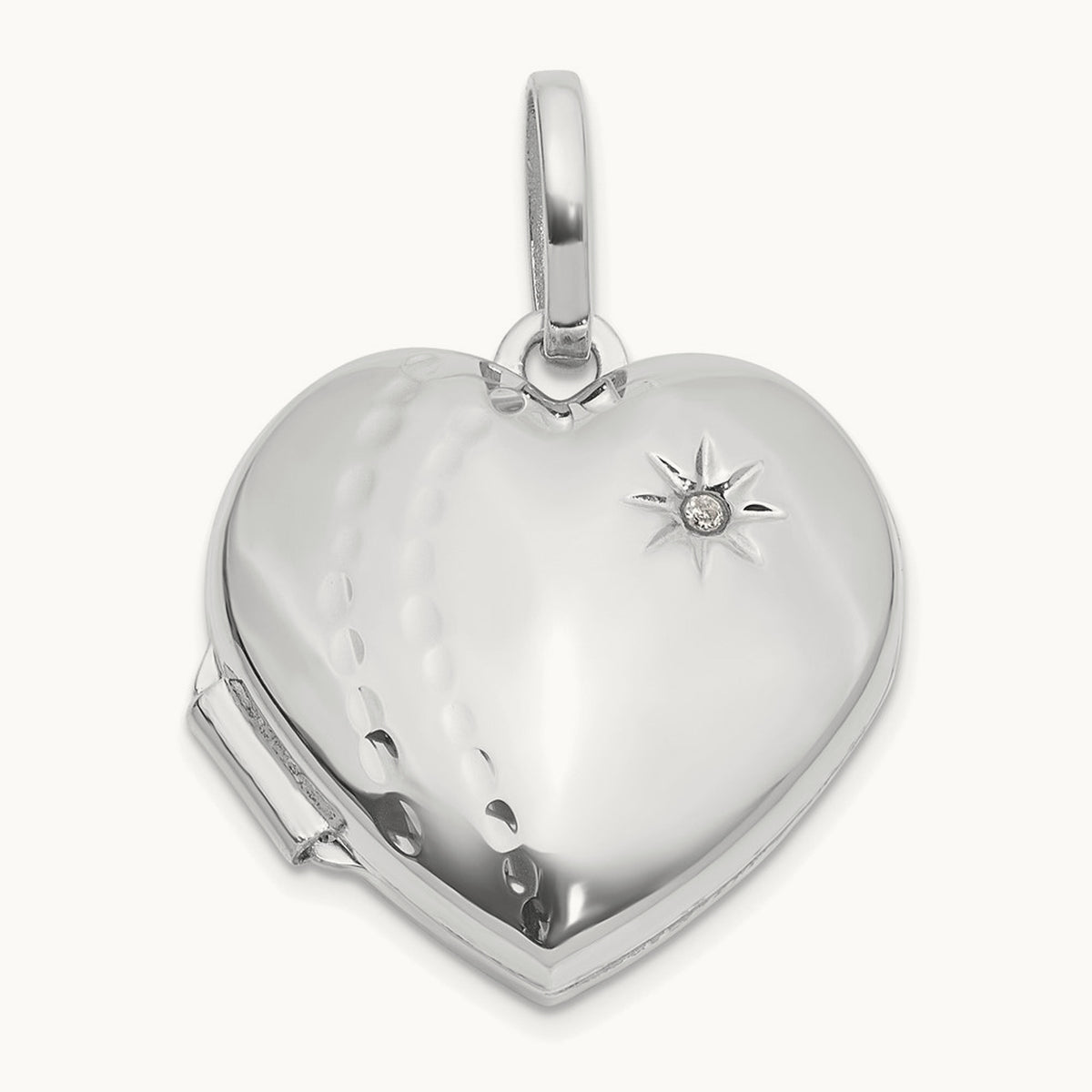 Polished and Textured Diamond Heart Locket with White Rhodium — 14K White Gold, 18mm