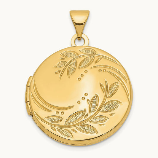 Round Leaf Floral Locket, 20mm, 14K Yellow Gold