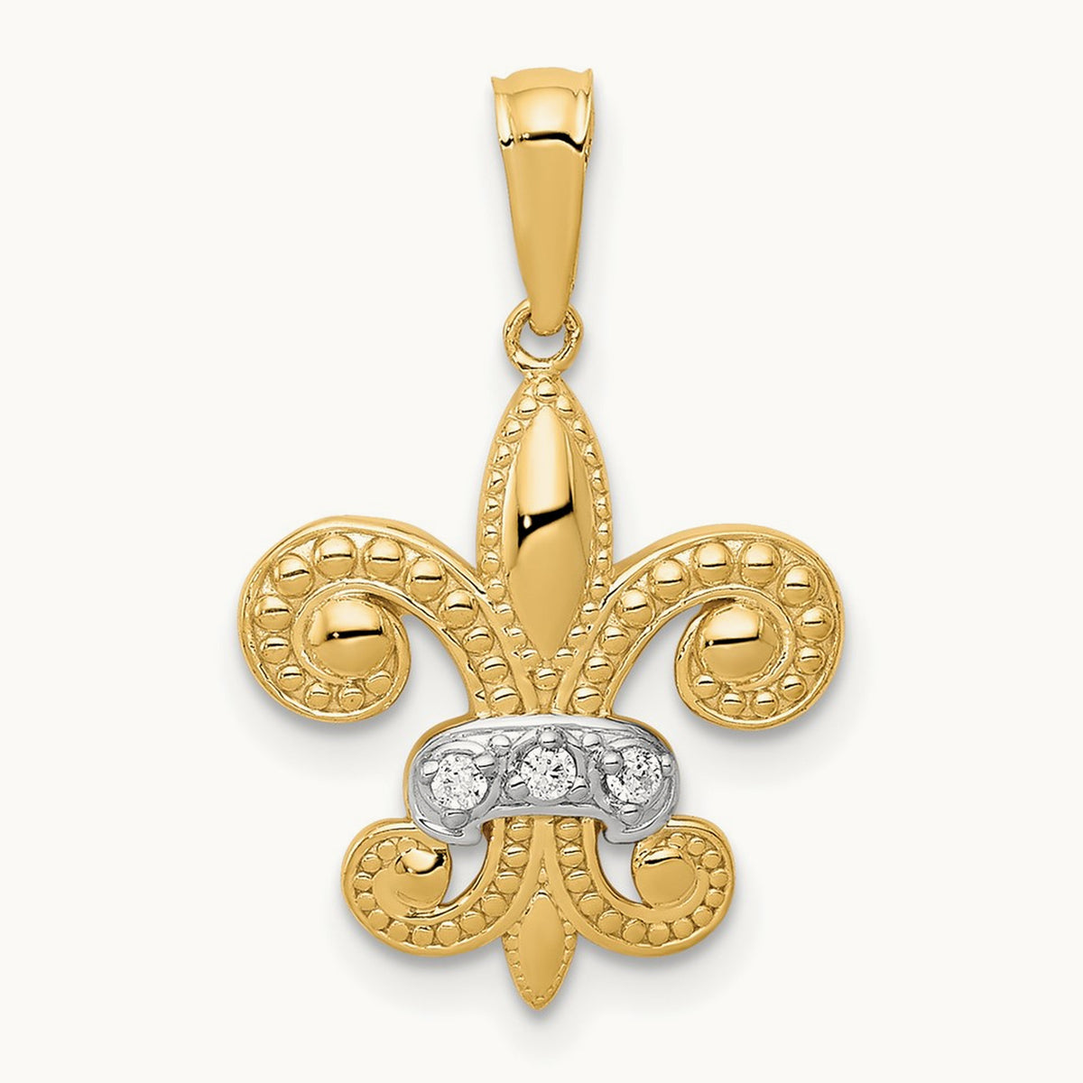 w/Rhodium Polished Diamond Fleur de Lis Pendant, 14K