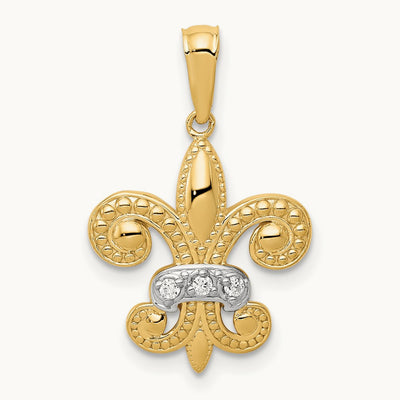 w/Rhodium Polished Diamond Fleur de Lis Pendant, 14K