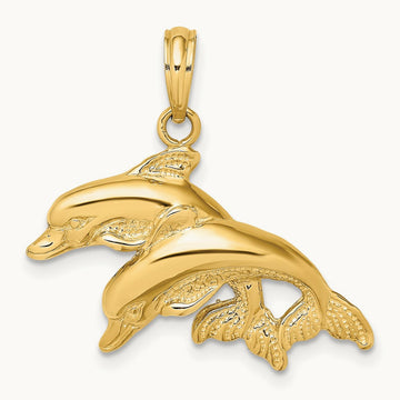 2-D Polished and Textured Double Dolphins Charm, 14K
