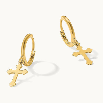 Hinged Dangle Cross Hoop Earrings, 14K