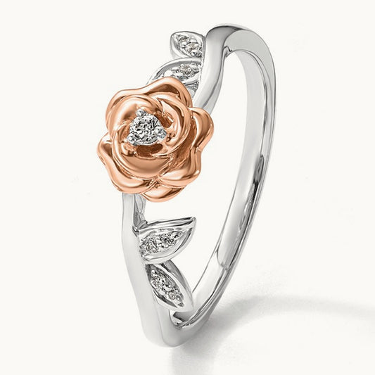 Complete Diamond Rose With Leaves Promise Ring, 14K Two-tone