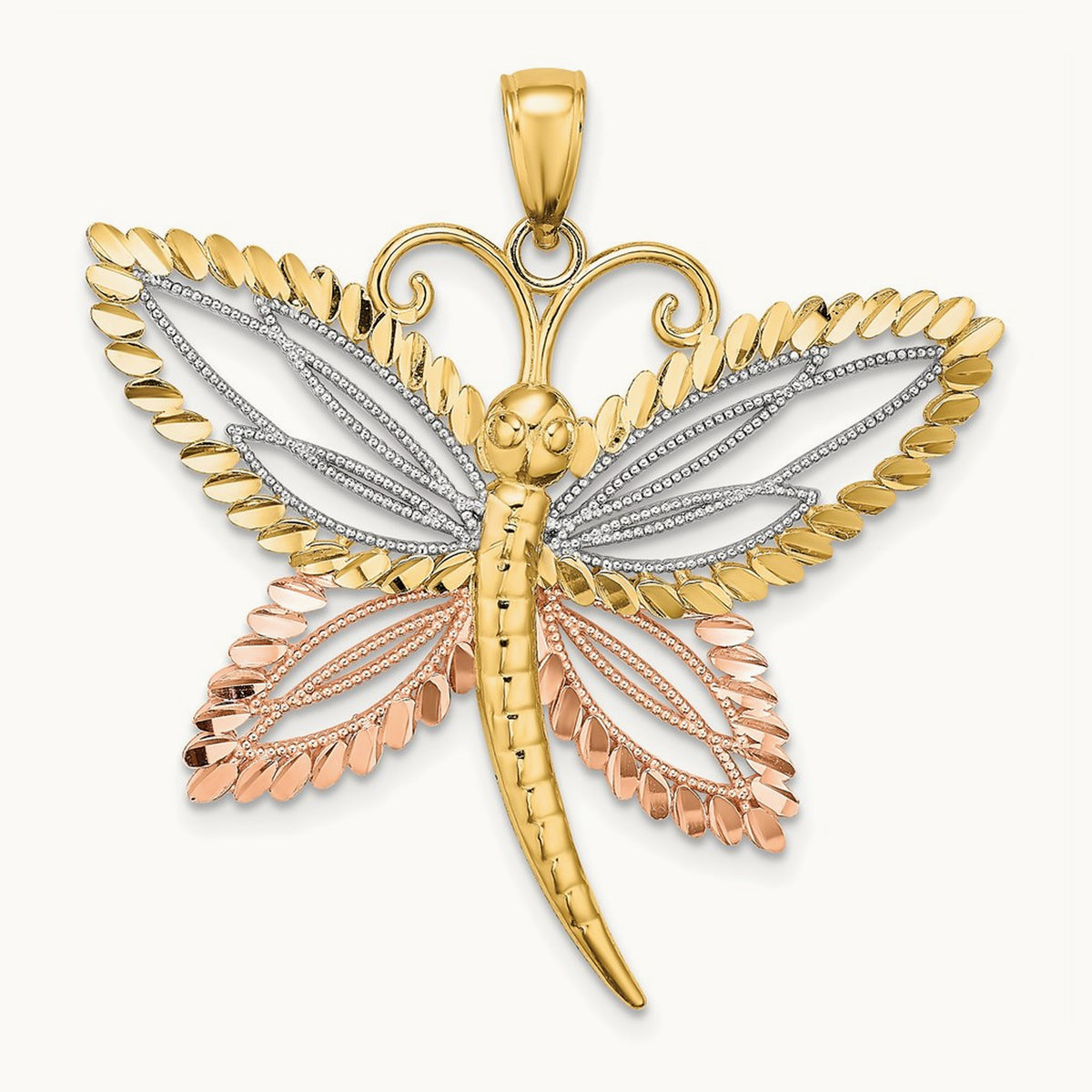 Dragonfly w/Beaded D/C Wings Charm, 14K Two-tone with White Rhodium